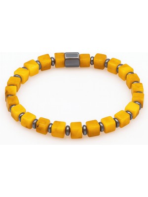 Tesbihname Hematit Doğaltaş Kombinli Küp Kesim Hardal Rengi Doğal Damla Kehribar Kadın Bileklik