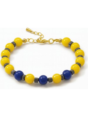 Tesbihname Gold Renk Metal Zincirli Küre Kesim Sarı Lacivert Jade Hematit Doğaltaş Kadın Taraftar Bileklik