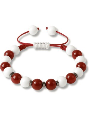 Tesbihname Makrome Örgülü Küre Kesim Kırmızı Beyaz Jade Akik Hematit Doğaltaş Kadın Taraftar Bileklik