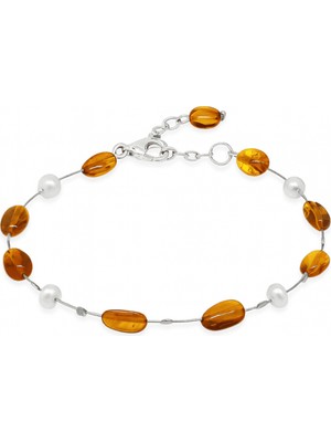 Tesbihname Inci Taş Süslemeli 925 Ayar Gümüş Bal Renk Doğal Damla Taşlı Kehribar Kadın Bileklik