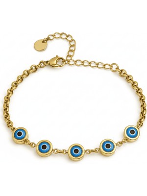 Tesbihname Kadın Çelik Bileklik - Doch Model - Nazar Boncuğu Süslemeli - Altın Renk