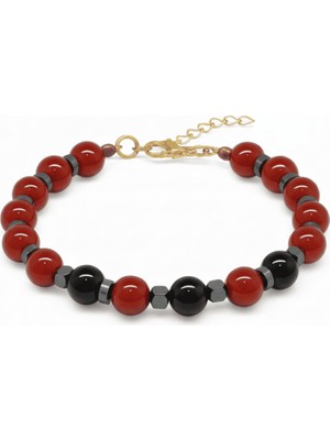 Tesbihname Gold Renk Metal Zincir Küre Kesim Kırmızı Siyah Akik Oniks Hematit Doğaltaş Kadın Taraftar Bileklik