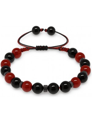 Tesbihname Makrome Örgülü Küre Kesim Kırmızı Siyah Akik Oniks Hematit Doğaltaş Kadın Taraftar Bileklik