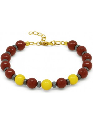 Tesbihname Gold Renk Metal Zincirli Küre Kesim Sarı Kırmızı Jade Akik Hematit Doğaltaş Kadın Taraftar Bileklik