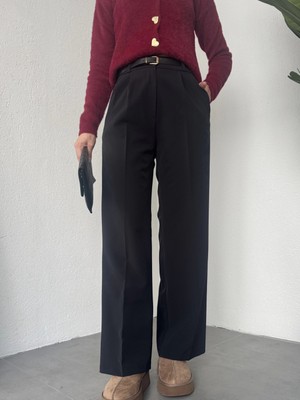 Asfa Moda Siyah Pileli Tam Kalıp Bel Oturtmalı Geniş Paça Palazzo Pantolon