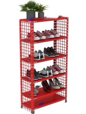 Rafburada 6 Katlı Renkli Tel Kafesli Çelik Ayakkabılık Rafı 31x75x150 cm - Kırmızı-31x75x150 cm