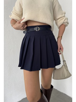 Asfa Moda Lacivert Astarlı Şortlu Kemerli Pileli Kışlık Mini Etek