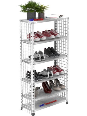 Rafburada 6 Katlı Renkli Tel Kafesli Çelik Ayakkabılık Rafı 31x75x150 cm - Beyaz-31x75x150 cm