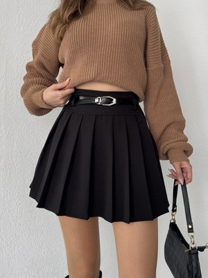 Asfa Moda Siyah Kışlık Mini Etek Kemerli Pileli Standart Kumaş Kombin Önerisi S Beden