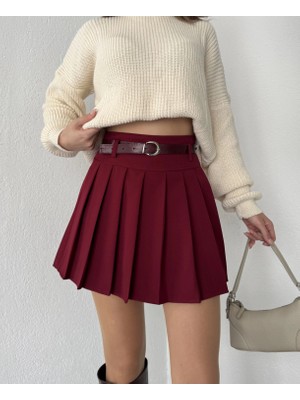 Asfa Moda Bordo Astarlı Şortlu Kemerli Pileli Kışlık Mini Etek