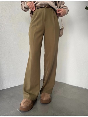 Asfa Moda Haki Pileli Tam Kalıp Bel Oturtmalı Geniş Paça Palazzo Pantolon
