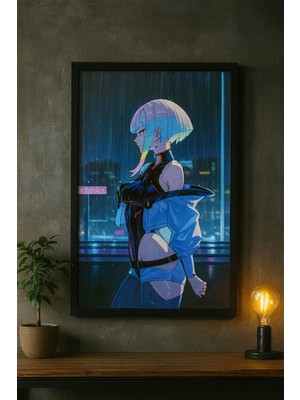 Anime Cyberpunk City Girl – Neon Atmosfer Duvar Tablosu (Çerçeveli)