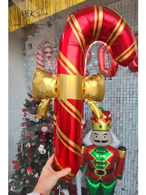 Pekshop Fiyonklu Kırmızı Gold Baston Şeker Folyo Balon