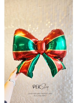 Pekshop Kırmızı Yeşil Fiyonk Folyo Balon Kurdele Yılbaşı Süsleme Balonu