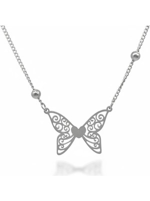 Tesbihname Kadın Çelik Kolye - Kelebek Tasarım - Gümüş Renk