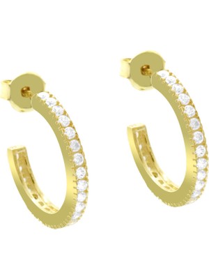 Tesbihname Tek Sıra Mikro Beyaz Zirkon Taşlı Altın Renk Yarım Tur 925 Ayar Gümüş Kadın Küpe