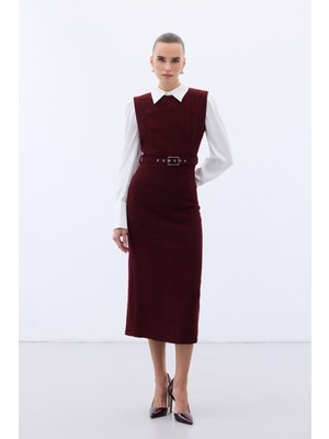 Sateen Kemerli Tüvit Elbise - Bordo