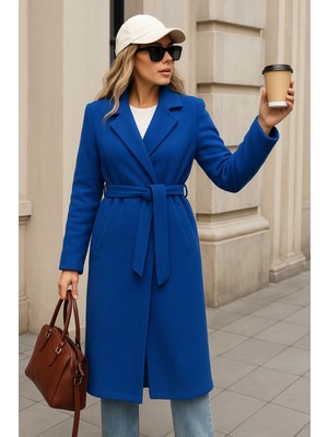 Comstar Kadın Kışlık Trend Kuşaklı Uzun Mavi Kaşe Kaban