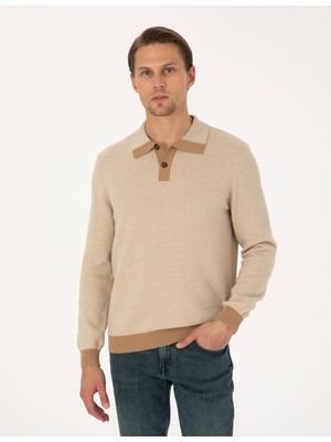 Pierre Cardin Erkek Bej Regular Fit %100 Yün Polo Yaka Düğmeli Triko Kazak 50315761-VR011