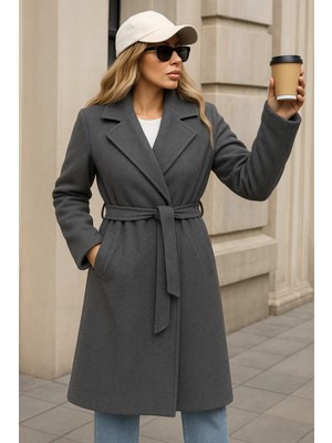 Comstar Kadın Kışlık Trend Kuşaklı Uzun Füme Kaşe Kaban