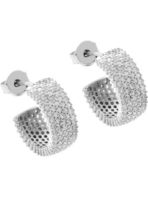 Tesbihname Beyaz Zirkon Taşlı Yarım Tur Tasarım Gümüş Renk 925 Ayar Gümüş Kadın Küpe