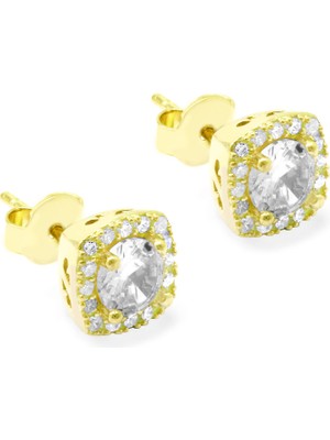 Tesbihname Pırlanta Montür Kare Tasarım Zirkon Taşlı Altın Renk 925 Ayar Gümüş Kadın Küpe