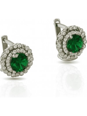 Tesbihname Yeşil Zirkon Taşlı Papatya Tasarım Gümüş Renk 925 Ayar Gümüş Bayan Küpe