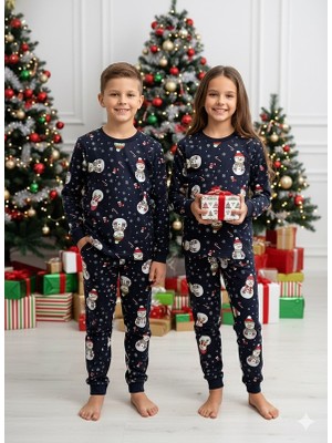 Masal Dünyası Bursa Yılbaşı Noel Desenli Çocuk Unisex Pijama Takımı Lacivert 4-8 Yaş