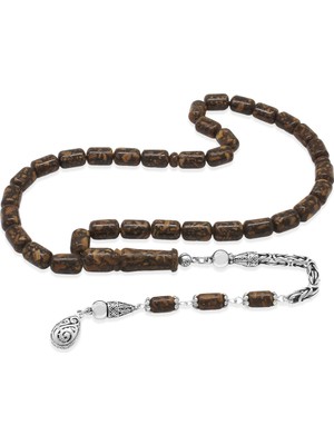 Tesbihname 925 Ayar Gümüş Kral Zincir Püsküllü Kapsül Kesim Kahverengi Kokulu Tarçın Ağacı Tesbih