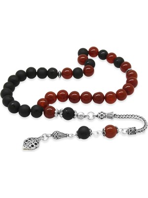 Tesbihname 925 Ayar Gümüş Püsküllü Küre Kesim Kırmızı Siyah Oniks Akik Doğaltaş Taraftar Tesbih