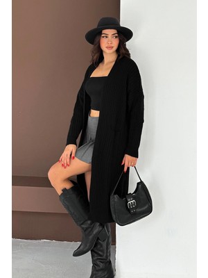 Selanik Örgü Cep Detaylı Uzun Triko Hırka Siyah