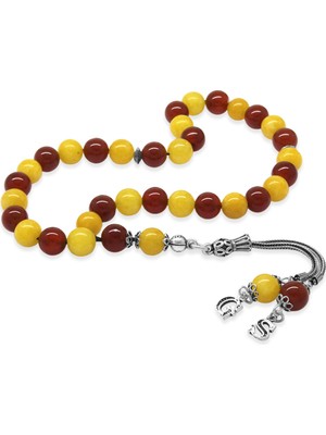 Tesbihname 925 Ayar Gümüş Isme Özel Harf Püsküllü Küre Kesim Sarı Kırmızı Jade Akik Doğaltaş Taraftar Tesbih