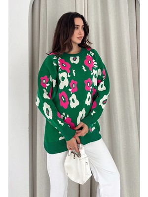 Bisiklet Yaka Uzun Kollu Çiçek Desenli Oversize Triko Kazak Yeşil