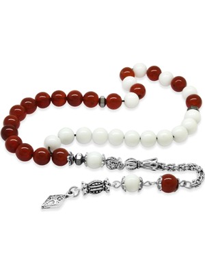 Tesbihname Kararmaz Metal Arnavut Püsküllü Küre Kesim Kırmızı Beyaz Jade Akik Doğaltaş Taraftar Tesbih M2