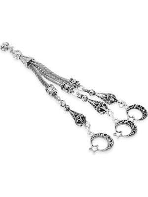 Tesbihname Telkari Ayyıldız Zafer Temalı Foxtail Zincirli Üç Kamçılı Kararmaz Metal Püskül