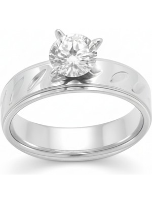 Tesbihname Gümüş Renk Zirkon Taşlı V Tasarım 316L Kalite Paslanmaz Çelik Kadın Tektaş Yüzük - 18 Ölçü