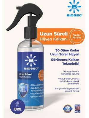 BIOSEC™ Uzun Süreli Hijyen Kalkanı, FDA ve EPA Onaylı, 100ml Sprey, 30 Gün Süren Dezenfektan Etkisi