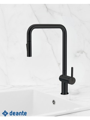 Deante Momi BKM_N73N U‑Tip Çekme Spiralli Mat Siyah Mutfak Evye Bataryas  | 225 mm Menzil, 1500 mm Hortum ,Sessiz kullanım, Su Tasarrufu