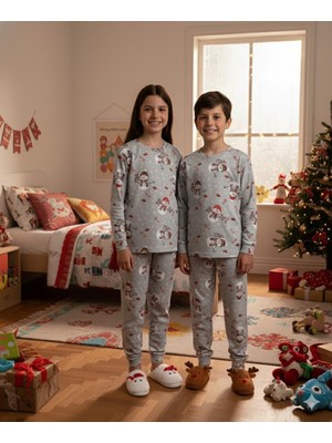 Isobel Isob Gri Yeni Yıl Desenli Interlok %100 Pamuk Unisex Kız ve Erkek Çocuk Pijama Takımı 3-13 Yaş 4226-G