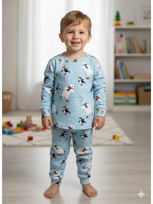 Isobel Isob Mavi Yeni Yıl Desenli Interlok %100 Pamuk Unisex Kız ve Erkek Çocuk Pijama Takımı 3-13 Yaş 4226-M