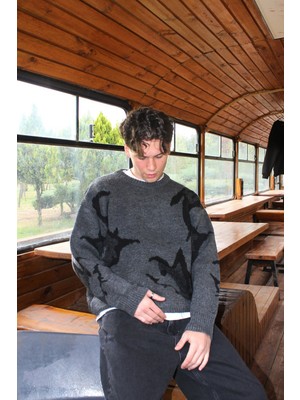 Twilit Oversize Desenli Triko Kazak - Antrasit L