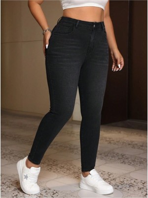 Noxter Kadın Büyük Beden Yüksek Bel Dar Paça Denim Pantolon %98 Pamuk Siyah