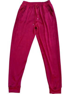 FRY Parlak Kadife Cepli Pantolon Eşofman Pijama Altı Unisex Lastikli Paça Bordo