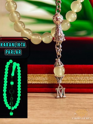 Takıda Gümüş Kedi Gözü Kişiye Özel Harfli Hediyelik Tesbih  Gece Karanlıkta Parlar 8 mm Küre Tesbih