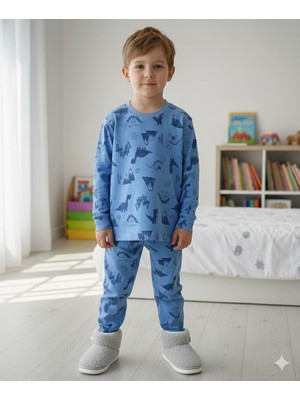 Isobel Isob Mavi Dinozor Desenli Interlok %100 Pamuk Erkek Çocuk Pijama Takımı 3-13 Yaş 42001