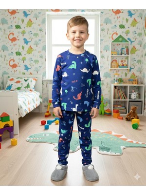 Isobel Isob Lacivert Dinozor Desenli Interlok %100 Pamuk Erkek Çocuk Pijama Takımı 3-13 Yaş 42002