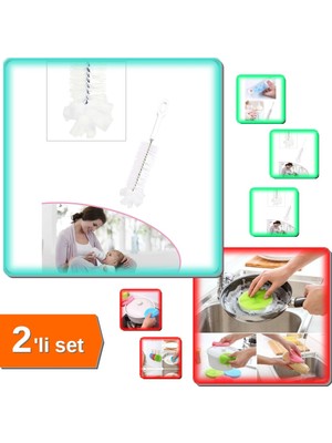 Hereveoyuncak Şişe ve Biberon Temizleme Fırçası + 2 Adet Silikon Bulaşık Fırçası Nihale Tutacak - 2li Set B1B6X8