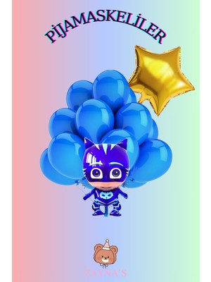 Zayna's Pijamaskeliler Temalı Kedi Çocuk Baskılı Karakter Folyo Balon Seti Yıldızlı
