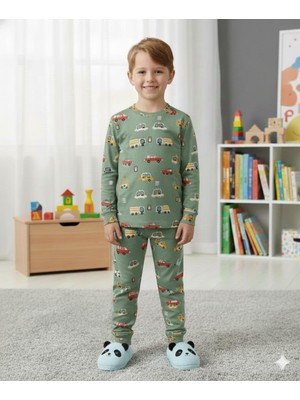 Isobel Isob Yeşil Arabalar Desenli Interlok %100 Pamuk Erkek Çocuk Pijama Takımı 3-13 Yaş 42003