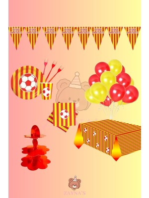 Zayna's Sarı Kırmızı Taraftar 24 Kişilik Doğum Günü Parti Seti -Taraftar Konseptli Kek Standı